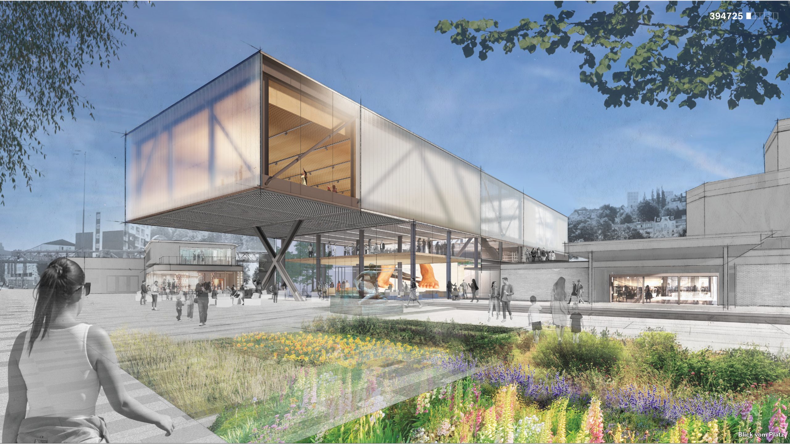 Architekturvisualisierung des geplanten Pina Bausch Zentrums in Wuppertal. Ein langgestreckter, teilweise auf Stützen stehender Neubau verbindet sich mit bestehenden Gebäuden. Im Vordergrund liegt eine bepflanzte Fläche mit Wildblumen, auf dem Platz bewegen sich zahlreiche Menschen oder halten sich dort auf. Die offene Gestaltung mit Grünflächen und öffentlich zugänglichen Bereichen verweist auf das Zentrum als Ort für Kunst, Begegnung und nachhaltige Stadtentwicklung.