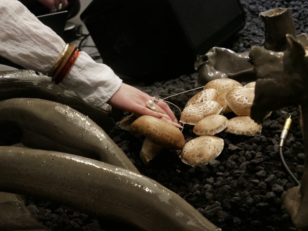 Eine Hand ber&uuml;hrt einen Pilz zwischen keramischen Elementen und schwarzem Granulat der Installation. Die Nahaufnahme zeigt die unterschiedlichen Materialien und Oberfl&auml;chen sowie die Elektroden, die den Pilz mit der Installation verbinden.