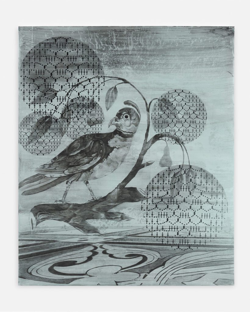 A black-and-white composition featuring a bird on a branch. Circular patterns and abstract plant forms overlay the image, blending natural and geometric elements. 
