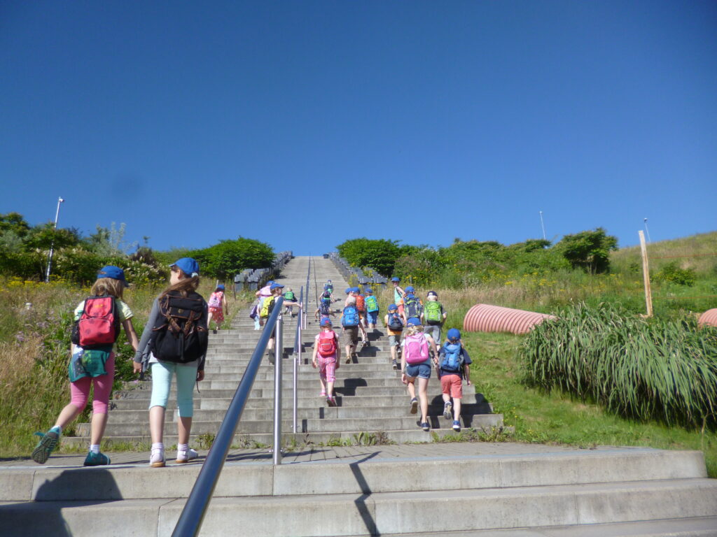 Eine Gruppe Kinder geht die Treppe auf einer begrünten Müllhalde hoch.
